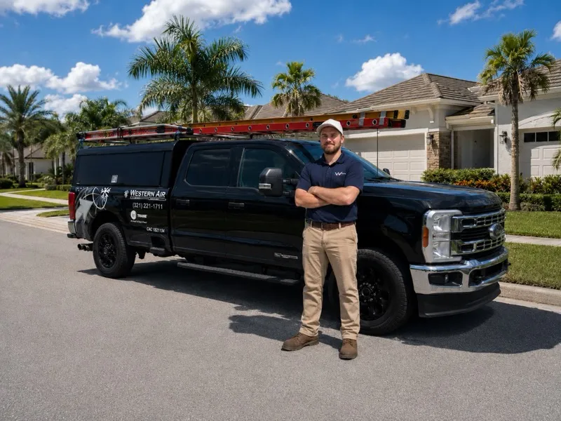 Western Air technician with a company service truck at a local Central Florida home